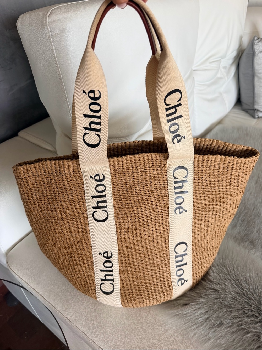 Chole x Mifuko woody beige large rattan logo basket tote bag